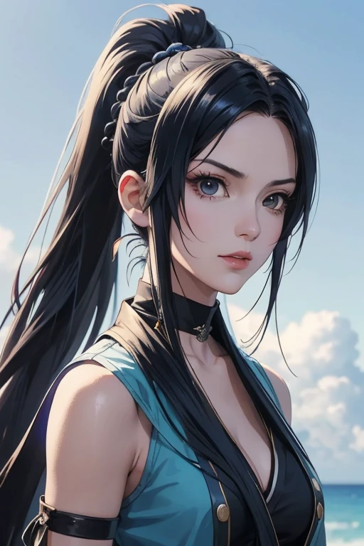 (full-length portrait),(pirate costume),a close up of a woman with a very long hair,(high ponytail), (blue color hair) ,near the ocean, detailed digital anime art, photorealistic anime girl render, extremely detailed artgerm, ig model artgerm, realistic anime 3 d style, realistic anime artstyle, artgerm. high detail, anime style 4 k, nico robin