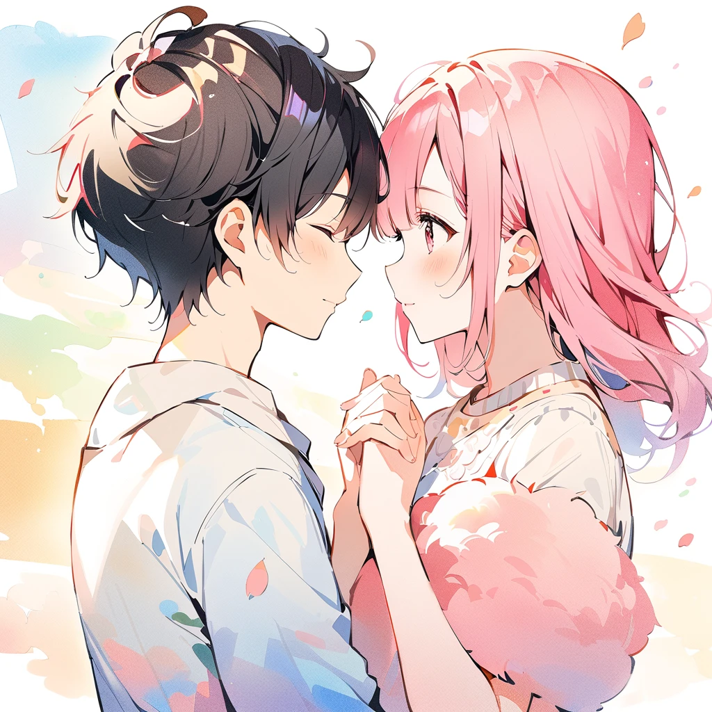 A pink-haired girl and a black-haired boy hold hands, watercolor painting, light color, watercolor painting, light color, thin light color painting, fluffy,