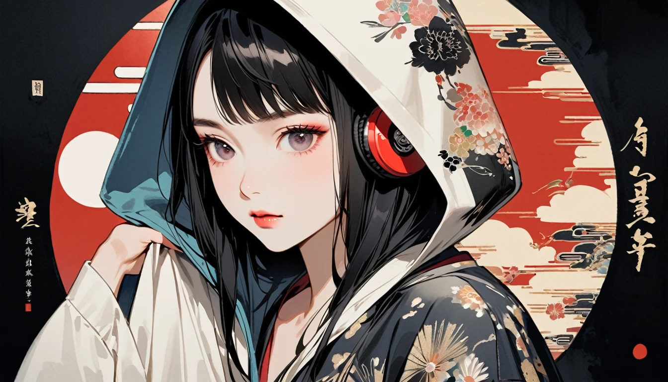 (((Ink Painting))), Fashion portrait color photos, (((1 girl))), (((Japanese style headphones))), (((Japanese pattern hoodie))), (((Put on the hood))), Japan人の美少女, Black Hair, Delicate and precise, Modern ukiyo-e style,Japan, Japanese flag