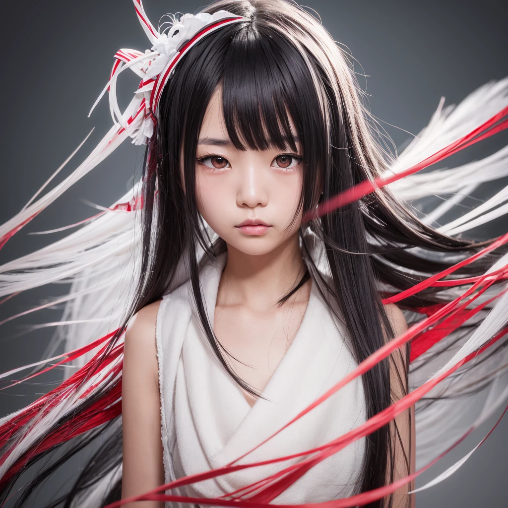 Japanese girl, black messy hair with white strands, Eyes red, black leagwear, high qualiy, face centered