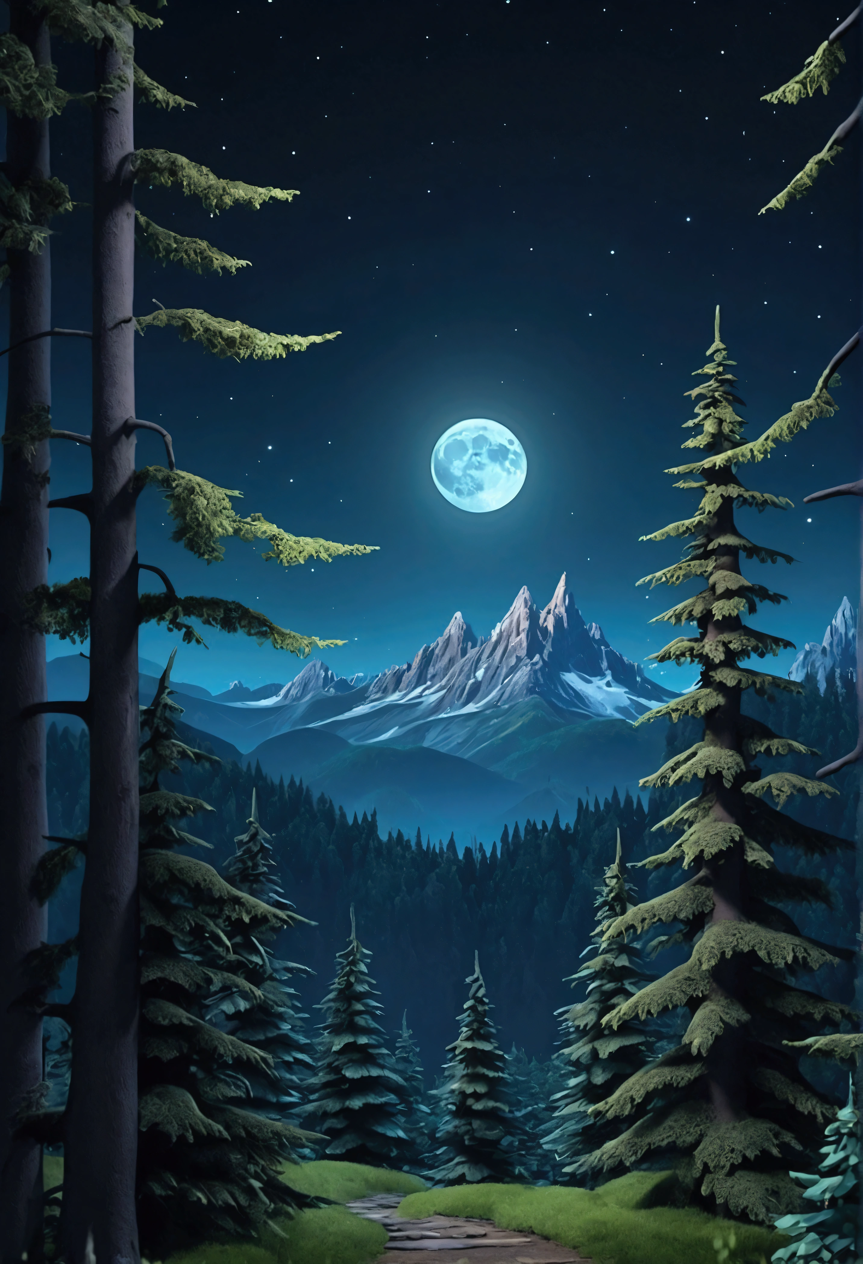 enchanted forest night mountains moon and trees cartoon quality 4k image