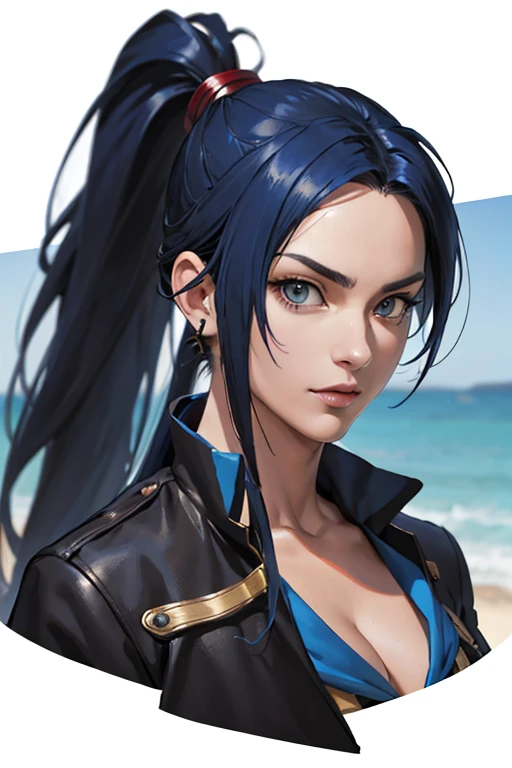 (full-length portrait),(pirate costume),a close up of a woman with a very long hair,(high ponytail), (blue color hair) ,near the ocean, detailed digital anime art, photorealistic anime girl render, extremely detailed artgerm, ig model artgerm, realistic anime 3 d style, realistic anime artstyle, artgerm. high detail, anime style 4 k, nico robin