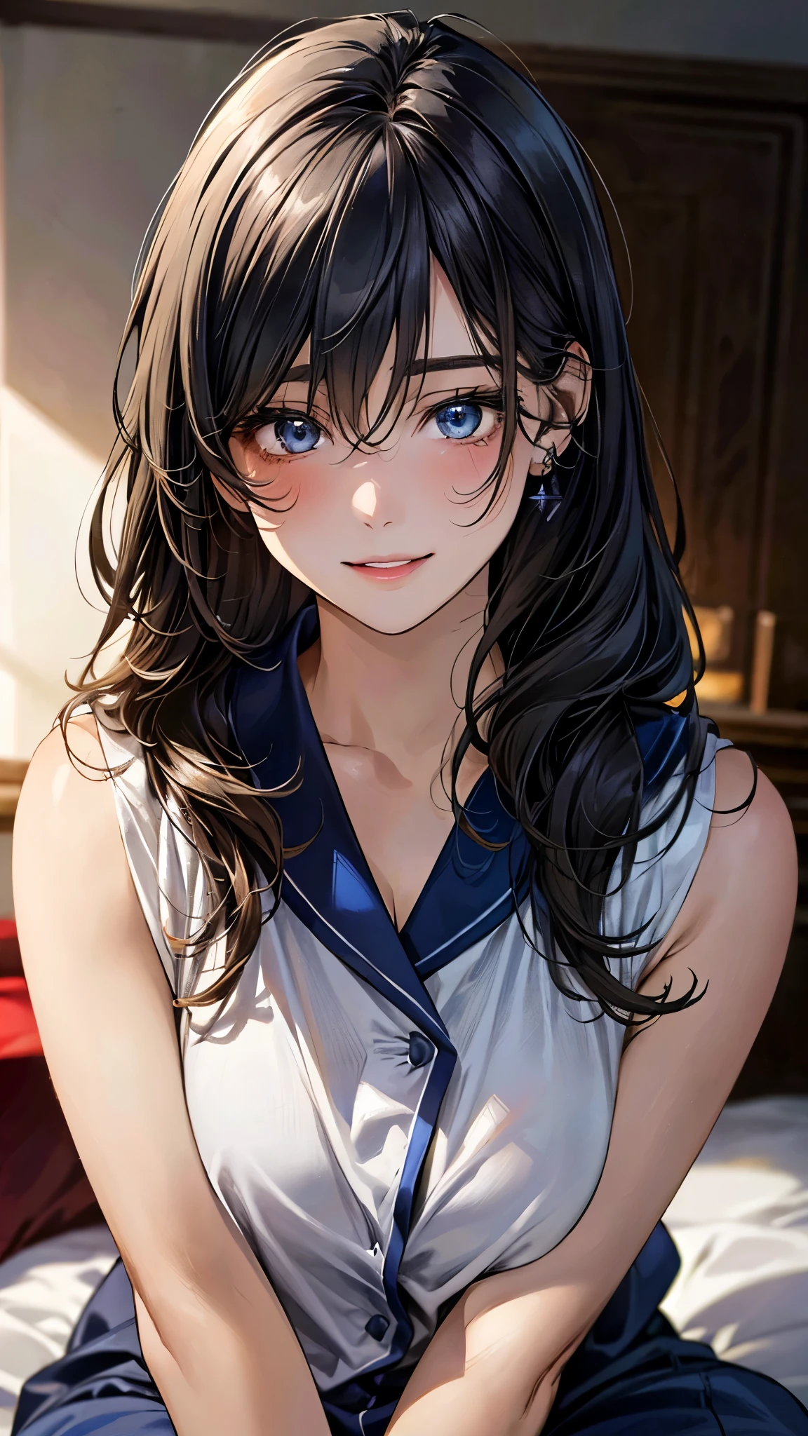 (masterpiece:1.3, top-quality, ultra high res, ultra detailed), (realistic, photorealistic:1.4), beautiful illustration, perfect lighting, colorful, depth of fields, nsfw,
beautiful detailed hair, beautiful detailed face, beautiful detailed eyes, beautiful clavicle, beautiful body, beautiful chest, beautiful thigh, beautiful legs, beautiful fingers,
looking at viewer, (face focus, upper body), 1 girl, high school girl, (perfect anatomy, anatomically correct, super detailed skin), perfect face, perfect eyes, cute and symmetrical face, babyface,
(long hair:1.5, messy hair, black hair), hair between eyes:0.7, marine blue eyes, slant eyes, big eyes, long eye lasher, (medium breasts, seductive thighs), slender, shiny skin, glowing skin,
(navy pajama set),
(beautiful scenery), evening, (bedroom:1.2), sitting on bed, (seductive smile, upper eyes, parted lips),