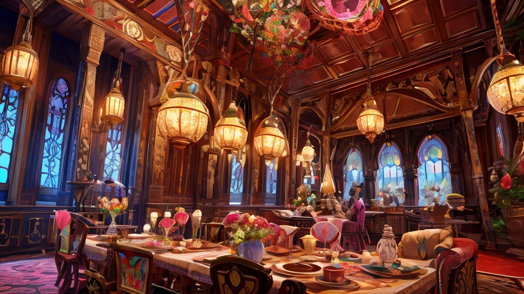 A delightful and enchanting 3D HD Disney Art illustration in Extreme Cartoon style, transporting viewers into a whimsicalkitchen
filled with magical charm. At the center is a large pink cup and saucer brimming with chocolate milk, with a colorful speckled donut floating above it. A pink jug pours chocolate milk onto the donut and cup, creating a mesmerizing cascade. To the left, a smaller pink cup and saucer is perched upon which Jiminy Cricket sits. On the right, a medium-sized pink cup and saucer is accompanied by Pinocchio, hanging above it in a sitting pose with his iconic long nose. The overall atmosphere is playful and captivating, with a blend of Disney magic and anime elements., illustration, 3d render, anime