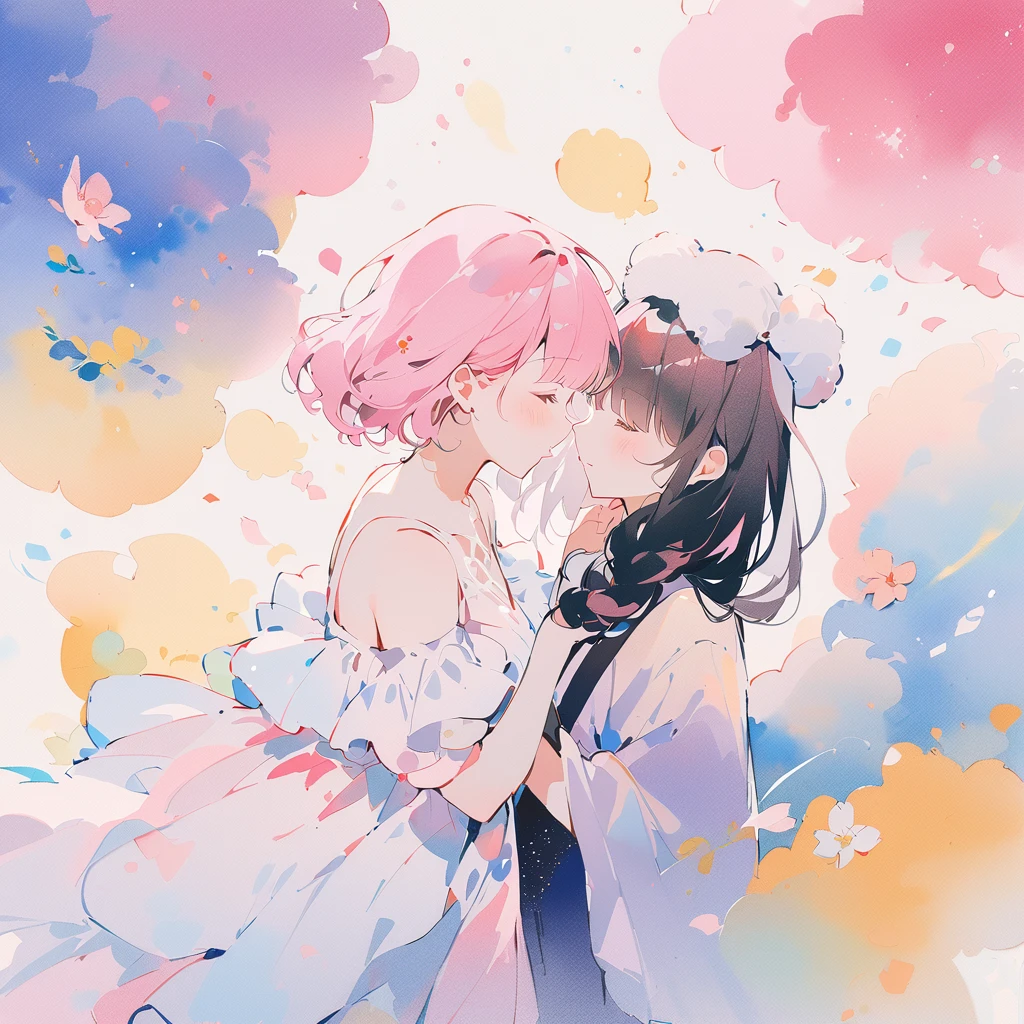 A pink-haired girl and a black-haired boy hold hands, watercolor painting, light color, watercolor painting, light color, thin light color painting, fluffy,
