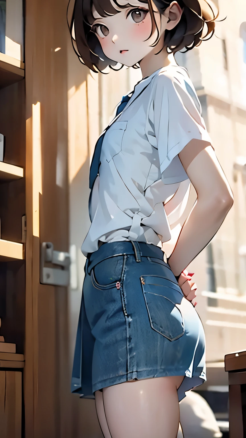 masterpiece，Highest quality，Cute doodles，One Girl，Brown Hair, short hair, Wear a miniskirt，Open Fly，Very short stature，Flat Chest，Small Ass，Thin thighs，Cat，Bruises and gestures，Summer vacation，