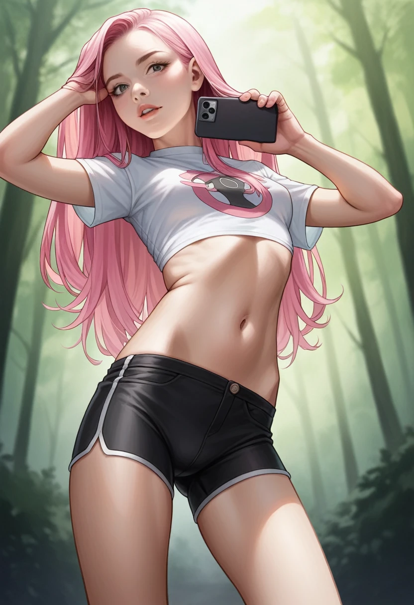 score_9, score_8_up, score_7_up, realistic lighting, photo, photorealistic, 1girl, 18 yo, standing, selfie shot, hands up in hair, young, rexic, parted lips, pink hair, long hair, looking at viewer, printed top, short sleeves, model face, slim face, pretty face , tight shorts, slightly from below, (outside), belly, slim, shaded silhouette, (skin pores:1.2), (moles:0.8), (imperfect skin:1.1)