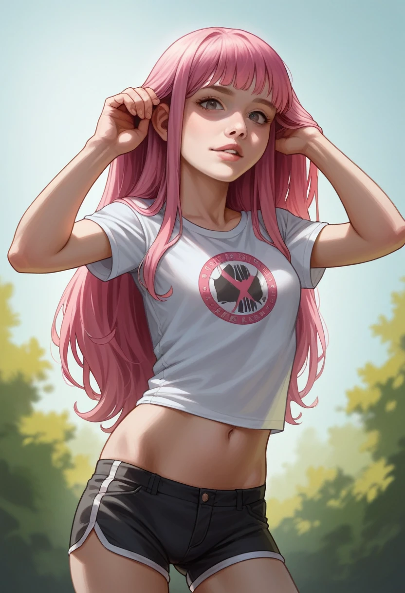 score_9, score_8_up, score_7_up, realistic lighting, photo, photorealistic, 1girl, 18 yo, standing, selfie shot, hands up in hair, young, anorexic, parted lips, pink hair, long hair, looking at viewer, printed top, short sleeves, model face, slim face, pretty face , tight shorts, slightly from below, (outside), belly, slim, shaded silhouette, (skin pores:1.2), (moles:0.8), (imperfect skin:1.1)