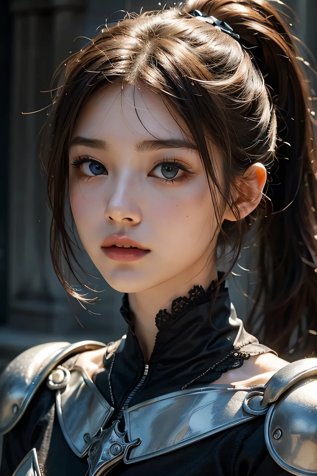 Highest quality、masterpiece、Delicate and beautiful face、Eye and facial details、female knight、Beautiful woman、Black clothes、Cosplay、Medieval European castle in the background、Textured skin、Super Detail、Attention to detail、Blonde、Blue Eyes、Angry face、ponytail:1.3、Beautiful girl、Moisturizing the skin、Lip gloss, eyelash, Shining Face, Glowing Skin、Beautiful lighting、Incredible detail、real texture skin、Shine mystically、Attention to detail鎧、Fantasy、Dramatic Light