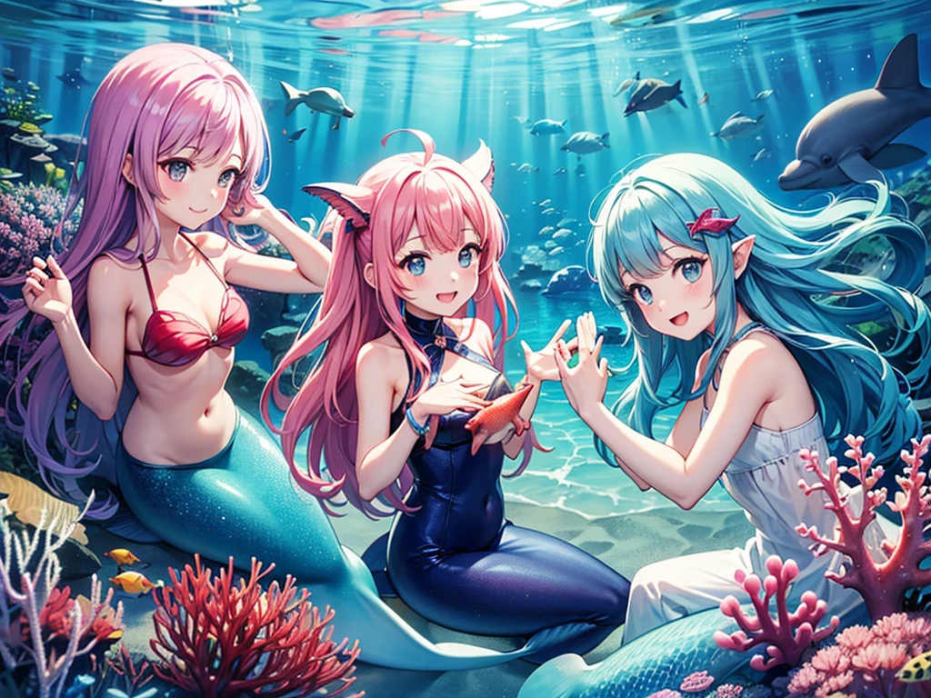 Light blue long hair、Beautiful twin-tailed mermaid girl、Great smile、Pink cute mermaid、In the bright sea、Beautiful fish、Dolphins and colorful fish、Jellyfish and sea friends
