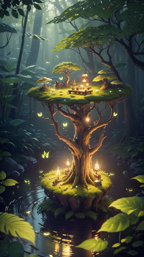 A masterpiece, the Best Quality, awesome reflections, the best reflections of all time. (Highly detailed CG unity 8k wallpapers), (Best Quality), (best illustrations), (best shadows), forest theme with natural elements. Tall trees, quiet streams, small glowing mushrooms surrounded by delicate leaves and branches, with Fireflies and glowing particle effects,, (natural elements), (jungle theme), (leaves), (small firewood), (Fireflies), butterflies, (delicate leaves), (glow), (particle effects). , Isometric 3D, Octane rendering, ray tracing, Super detailed