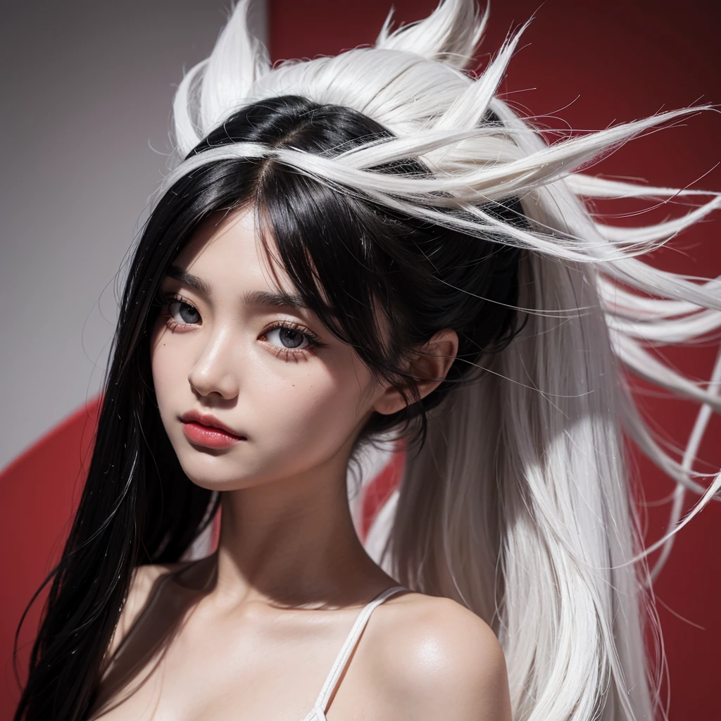 Kizi, black messy hair with white strands, Eyes red, black leagwear, high qualiy, face centered
