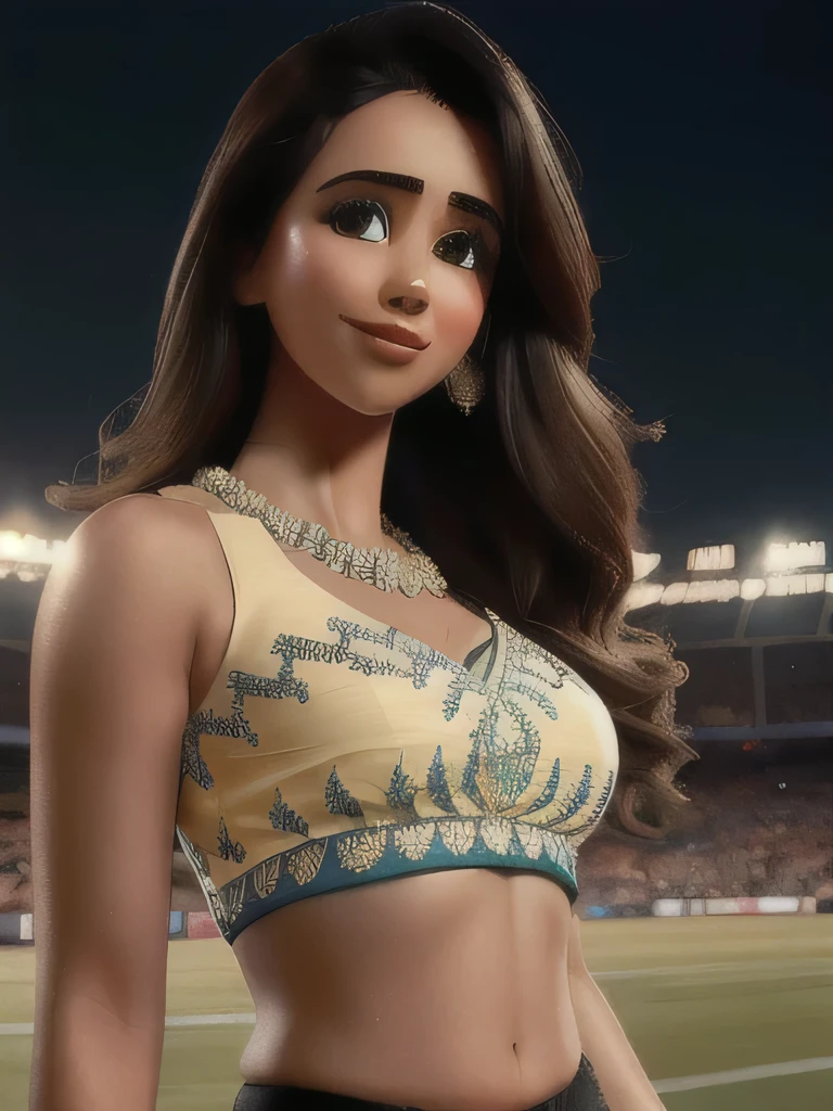 Disha patani  inside a jam-packed football stadium, late evening sky, drooling photoshoot, intriguing sensual poses, (wearing expensive sleeveless choli, long skirt), (intricate detailing of face eyes nose mouth full lips & body parts), textured skin, bright smile:1.6, eyes symmetry, face symmetry, 256K, HDR, hyper realistic, intricate detailing, yotta-pixel image, yocto-pixel detailing