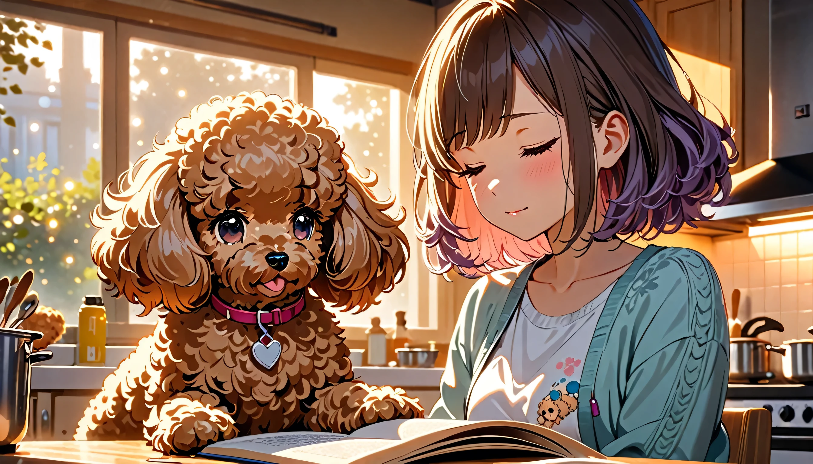 a cute girl with a toy poodle, morning walk with poodle, girl reading book with sleeping poodle, girl cooking with poodle watching, extremely detailed, 4k, 8k, highres, masterpiece, animetic, HDR, UHD, studio lighting, ultra-fine painting, sharp focus, physically-based rendering, extreme detail description, professional, vivid colors, bokeh, portrait, cute, adorable, beautiful, elegant, serene, warm lighting, cozy, intimate
