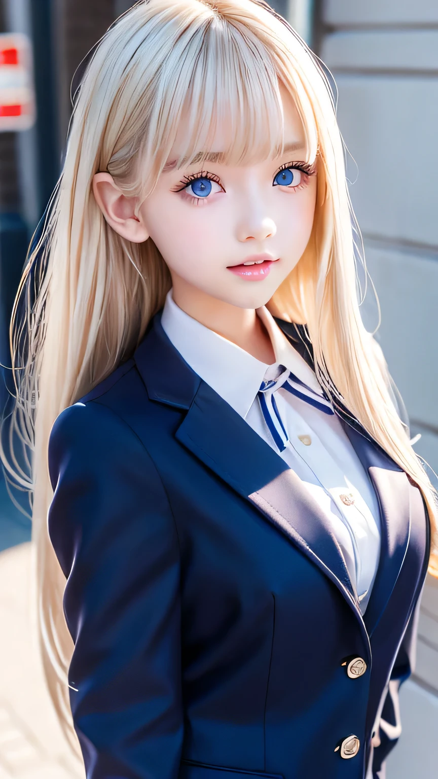 Portrait、School uniforms、Bright expression、Young, shiny, very white and bright skin、Great looks、Blonde reflection、Platinum blonde hair with highlights、Shiny bright hair,、Smooth, super long, straight hair、Shiny beautiful bangs、Sparkling, crystal clear, attractive big blue eyes、Very beautiful, lovely and cute 16 year old girl、Ample Bust