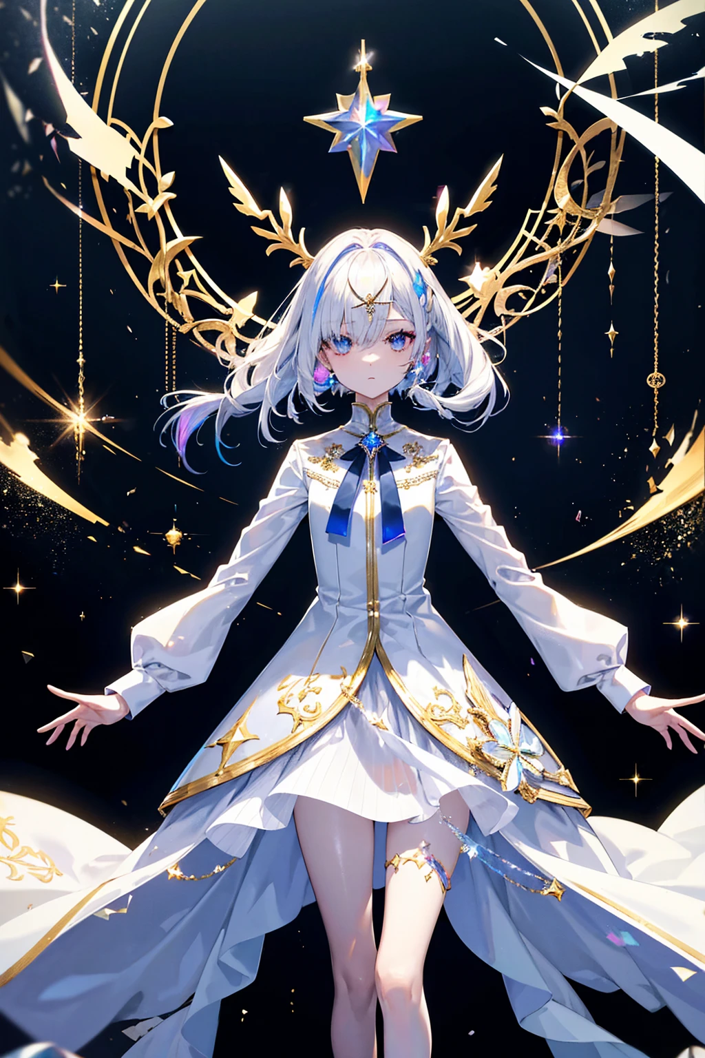best quality,masterpiece,ultra detailed,Add layer,detailed eyes,slim,skinny,slim legs,small hips,
The Five Star Stories,(Sparkle:1.4),slim breast,flat chest,12 years old,(Iridescent:1.4),
Iridescent eyes,cold eyes,narrow eyes,
hair over one eye, very long hair,silver and Iridescent gradation color hair,multi color hair,straight hair,shiny hair,airy hair,silky hair,voluminous hair,
expressionless,(makeup:1.4),squinting,
((circlet)),jewel,mechanical hair ornaments,white mechanical dress,gradation,white frill skirt,white pantyhose,mechanical parts, Long Sleeves,jewel broach,ribbon tie,
standing,Full body,
science fiction,castle,evening party,