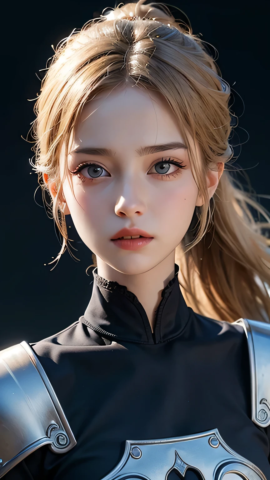 Highest quality、masterpiece、Delicate and beautiful face、Eye and facial details、female knight、Beautiful woman、Black clothes、Cosplay、Medieval European castle in the background、Textured skin、Super Detail、Attention to detail、Blonde、Blue Eyes、Angry face、ponytail:1.3、Beautiful girl、Moisturizing the skin、Lip gloss, eyelash, Shining Face, Glowing Skin、Beautiful lighting、Realistic