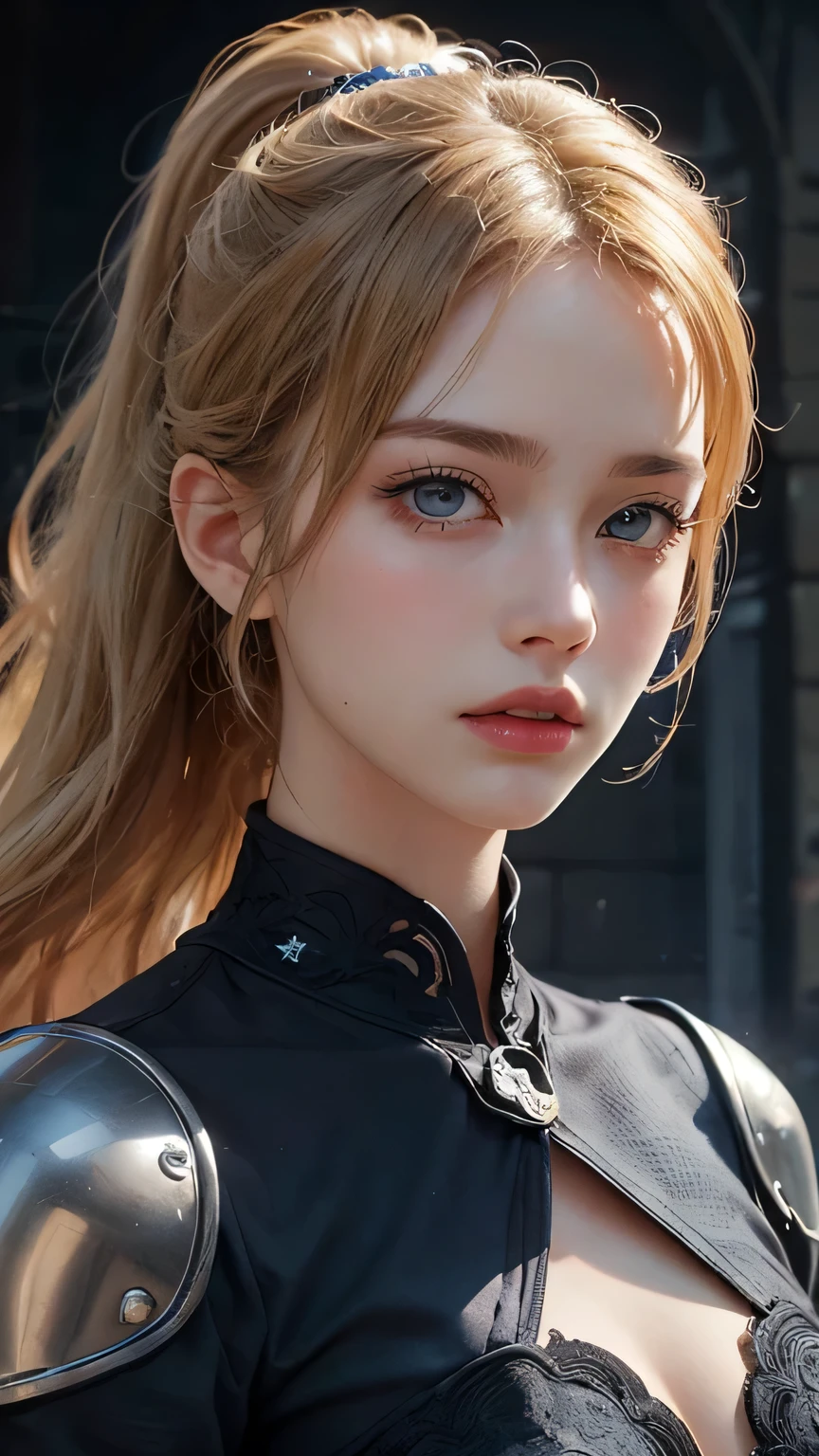 Highest quality、masterpiece、Delicate and beautiful face、Eye and facial details、female knight、Beautiful woman、Black clothes、Cosplay、Medieval European castle in the background、Textured skin、Super Detail、Attention to detail、Blonde、Blue Eyes、Angry face、ponytail:1.3、Beautiful girl、Moisturizing the skin、Lip gloss, eyelash, Shining Face, Glowing Skin、Beautiful lighting、Realistic