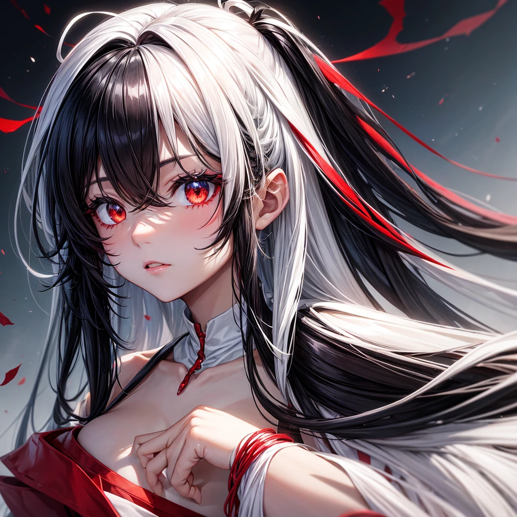 Kizi, black messy hair with white strands, Eyes red, black leagwear, high qualiy, face centered 
