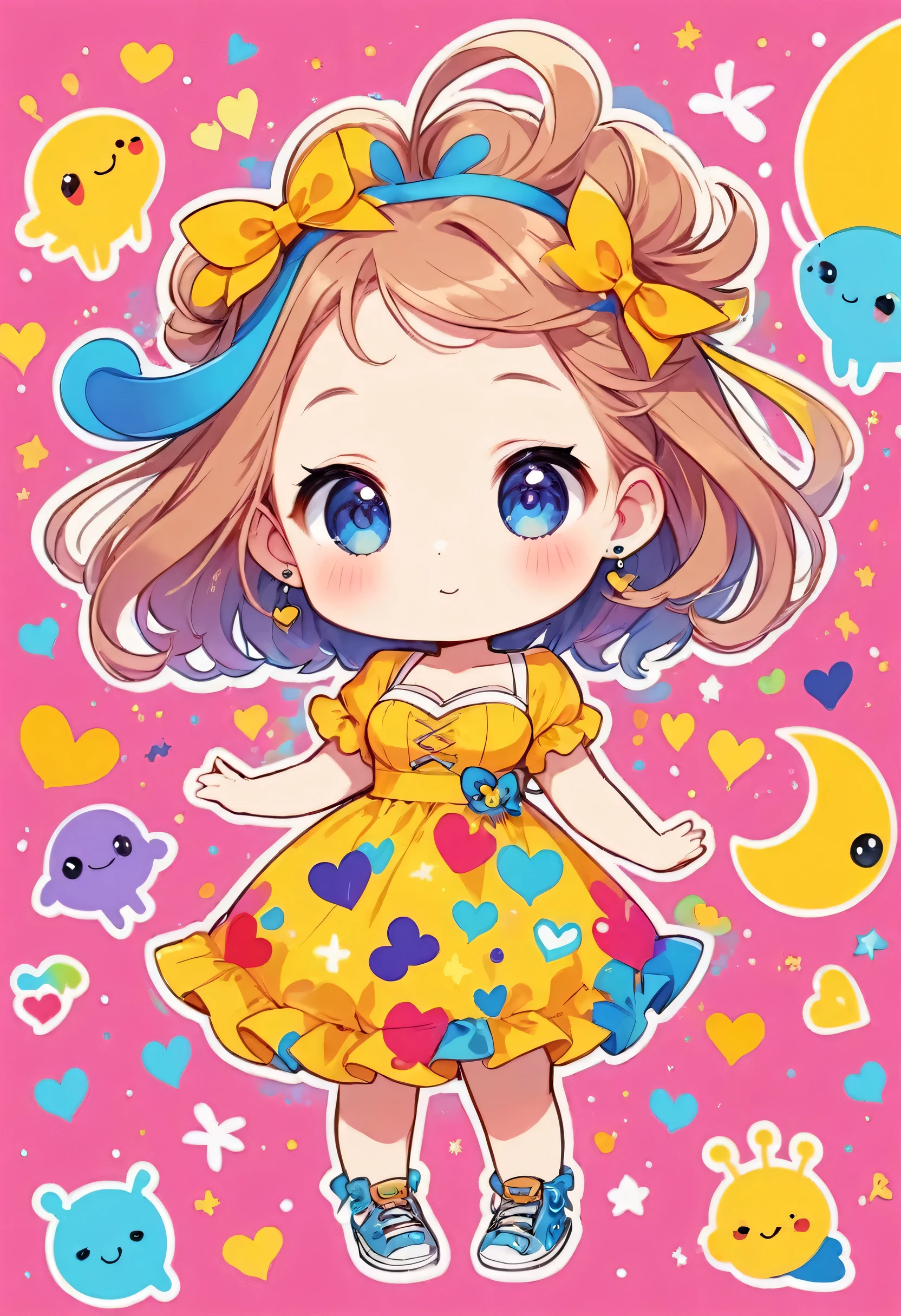 Keith Haring colorfull style, Simple Line Initialism,Abstract art,(((The most beautiful girl of all time))), (((chibi))), Sweet face. colorful hearts, funny design, (((bosom buddy ))), Cute summer clothes, (((Cute Aliens))), The background is space