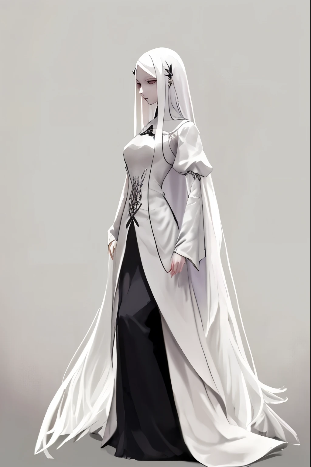 woman elegant long dress, long white hair, hairpin, intelligent, dark background, 2.5d, sci fi.