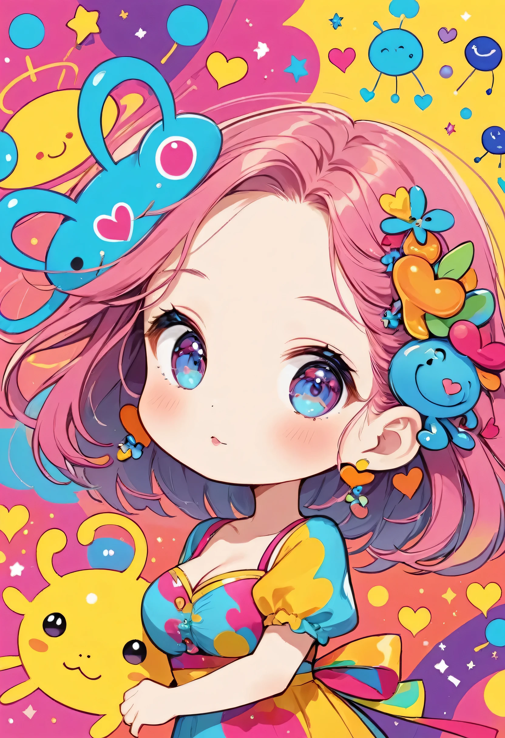 Keith Haring colorfull style, Simple Line Initialism,Abstract art,(((The most beautiful girl of all time))), (((chibi))), Sweet face. colorful hearts, funny design, (((bosom buddy ))), Cute summer clothes, (((Cute Aliens))), The background is space
