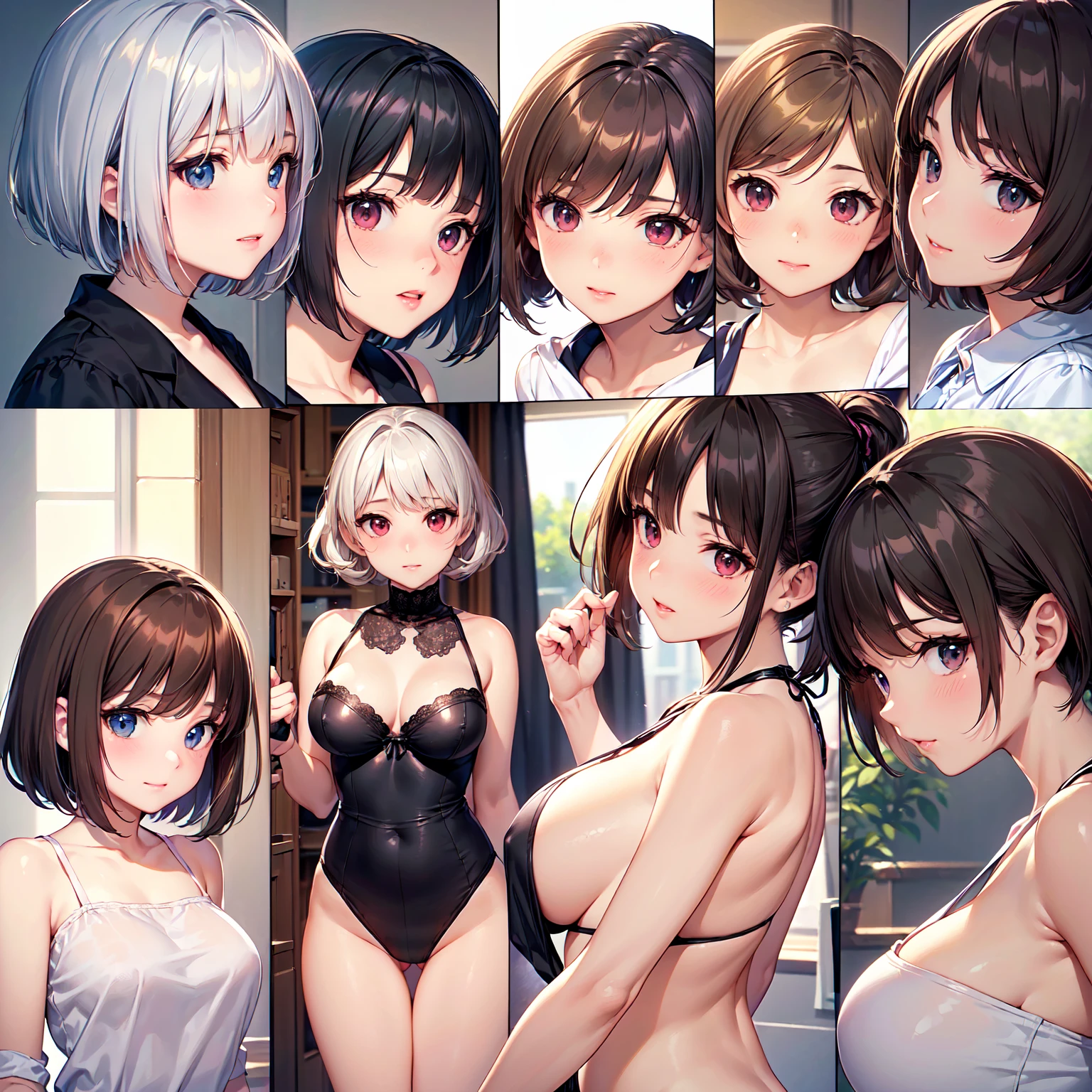 ((masterpiece, Highest quality, High resolution, 超High resolution, Pixel perfect, Written boundary depth, 4K, RTTX10.0, High resolution))), (5 adult females:1.3), Beautiful Anime Woman, Beautiful art style, Anime characters, ((Long Hair, bangs, Dark brown hair, Mr.々Hair style, ponytail, Twin tails, Bobcut)), ((Beautiful eyelashes)), ((Detailed face, blushする:1.2)), All five have different faces, ((Smooth texture, Realistic texture, Anime CG style)), Perfect body, (Slender body:1.2), beautiful and big breasts, Exact finger count、Exact number of legs、Exact number of arms, (blush:1), (Five women standing in a row, lift one's skirt to greet the crowd.:1.2), ((Fashionable white shirt, Sailor collar, mini skirt, Maid's headband, Frill Maid Apron Arrangement, garter belt, (Black knee socks:1.2), High heels:1.2)), (Raise your skirt yourself:1.1), Realistic, Highest quality, High resolution, 非常にDetailed face, Perfect lighting, Highly detailed CG, (Perfect hands, Perfect Anatomy), Embarrassed expression, (School classroom, A classroom filled with cute decorations:1.3), Morning sun-like lighting, whole body, ((Stylish and sexy shiny satin panties, Stylish lace side tie panties, White panties, Dark pink panties, Dark blue panties, :1.2)), Angle from the front、(Beautiful and thin thighs:1.2)