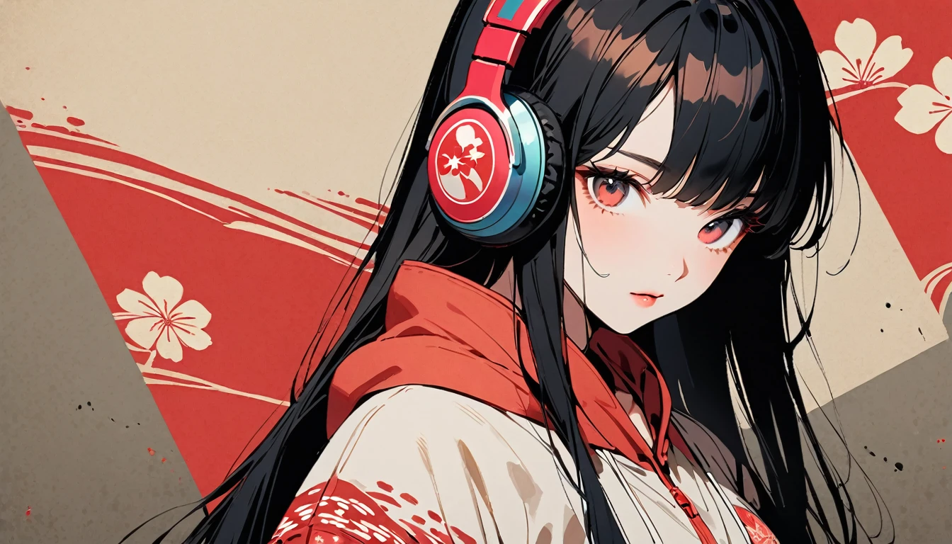 (((Ink Painting))), Fashion portrait color photos, (((1 girl))), (((Japanese style headphones))), (((Japanese pattern hoodie))), (((Put on the hood))), Japan人の美少女, Black Hair, Modern ukiyo-e style,Japan, Japanese flag
