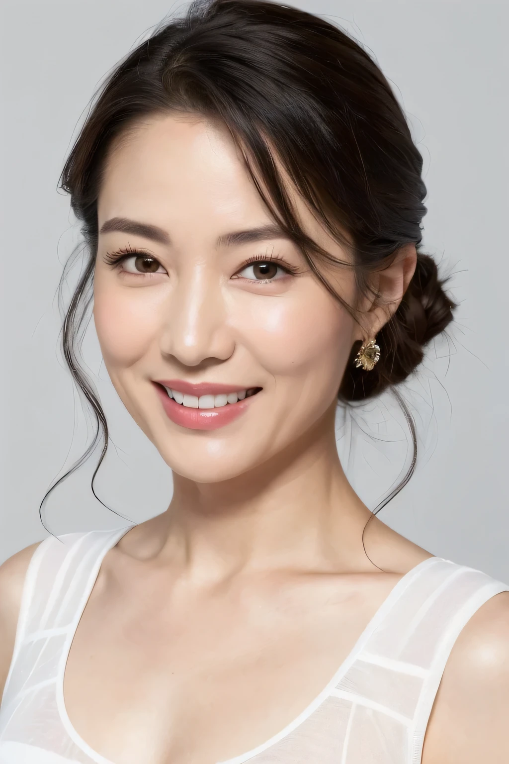 ((Best image quality, 8k, masterpiece:1.3)), A 50-year-old woman, Mature woman with wrinkles on her face:1.3, (Casual Hairstyles, Big Breastsの漏れなし:1.2), Elderly, Low-cut bra,Ultra-fine face, Detailed eyes, double eyelid,smile,Small waist,Big Breasts,close,Chest close-up,White skin,Casual background,