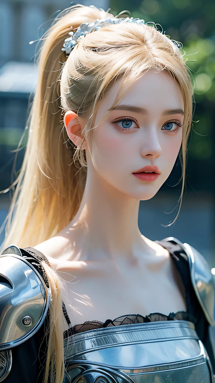 Highest quality、masterpiece、Delicate and beautiful face、Eye and facial details、female knight、Beautiful woman、Black clothes、Cosplay、Medieval European castle in the background、Textured skin、Super Detail、Attention to detail、Blonde、Blue Eyes、Angry face、ponytail:1.3、Beautiful girl、Moisturizing the skin、Lip gloss, eyelash, Shining Face, Glowing Skin、Beautiful lighting、Realistic、Delicate and beautiful eyes
