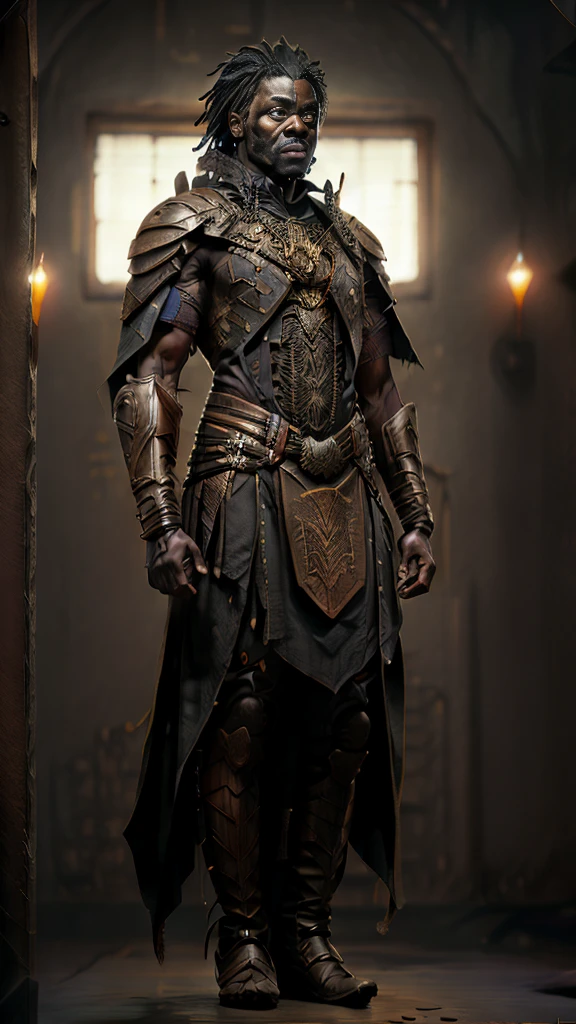 african warrior, blacksad, harmonious face, old orange leather clothes, curry hair, mulatto skin tone, perfect proportion, style of raymond swanland, standing in fron of wakanda, distant vision, 8K image quality, sheen, delicate picture, full body shot, character sheet, 3d, cgi