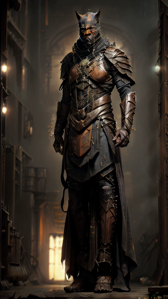 african warrior, blacksad, harmonious face, old orange leather clothes, curry hair, mulatto skin tone, perfect proportion, style of raymond swanland, standing in fron of wakanda, distant vision, 8K image quality, sheen, delicate picture, full body shot, character sheet, 3d, cgi