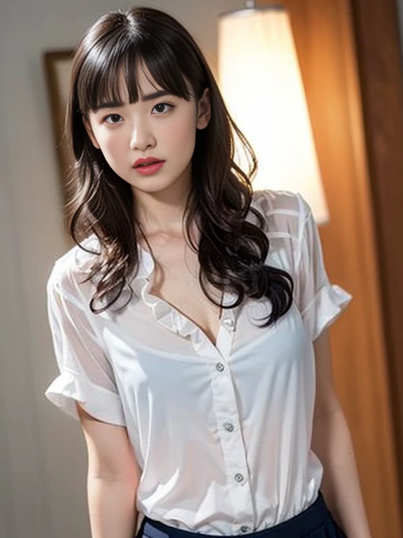 Gray background、pubic hair、Large Breasts、Thighs、Red lipstick、(((Glaring)))、Curly Hair、Disheveled Hair、Cute woman、high school girl、White shirt、Navy frill mile、Open chest shirt、A wet shirt with underwear showing through、Thighs、