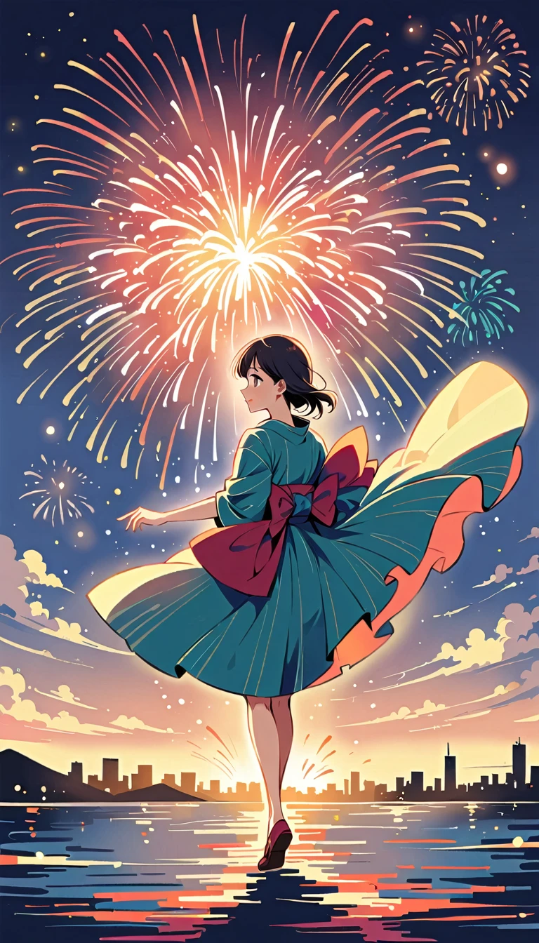 Watase Seizo style, kimono, Simple line initials,shining pupils,((fireworks show, city)), (((The Most Beautiful Girl))), vivid colors, whole body, back