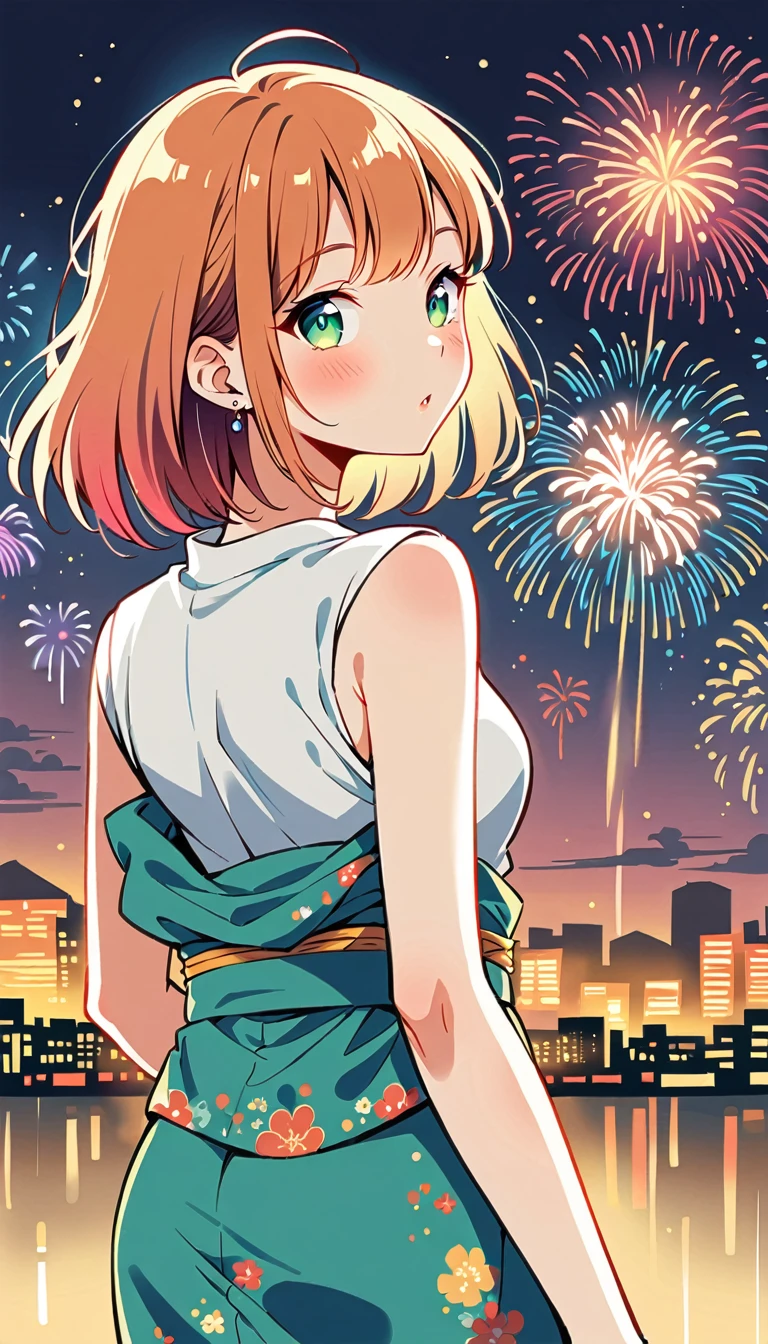  Watase Seizo style, kimono, Simple line initials，shining pupils，((fireworks show, city)), (((The Most Beautiful Girl))), vivid colors, whole body, back