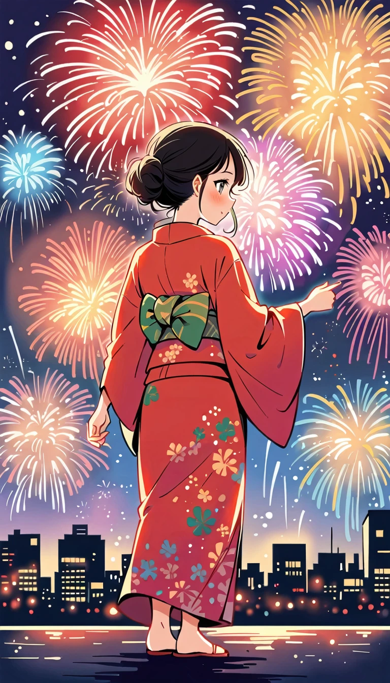  Watase Seizo style, kimono, Simple line initials，shining pupils，((fireworks show, city)), (((The Most Beautiful Girl))), vivid colors, whole body, back