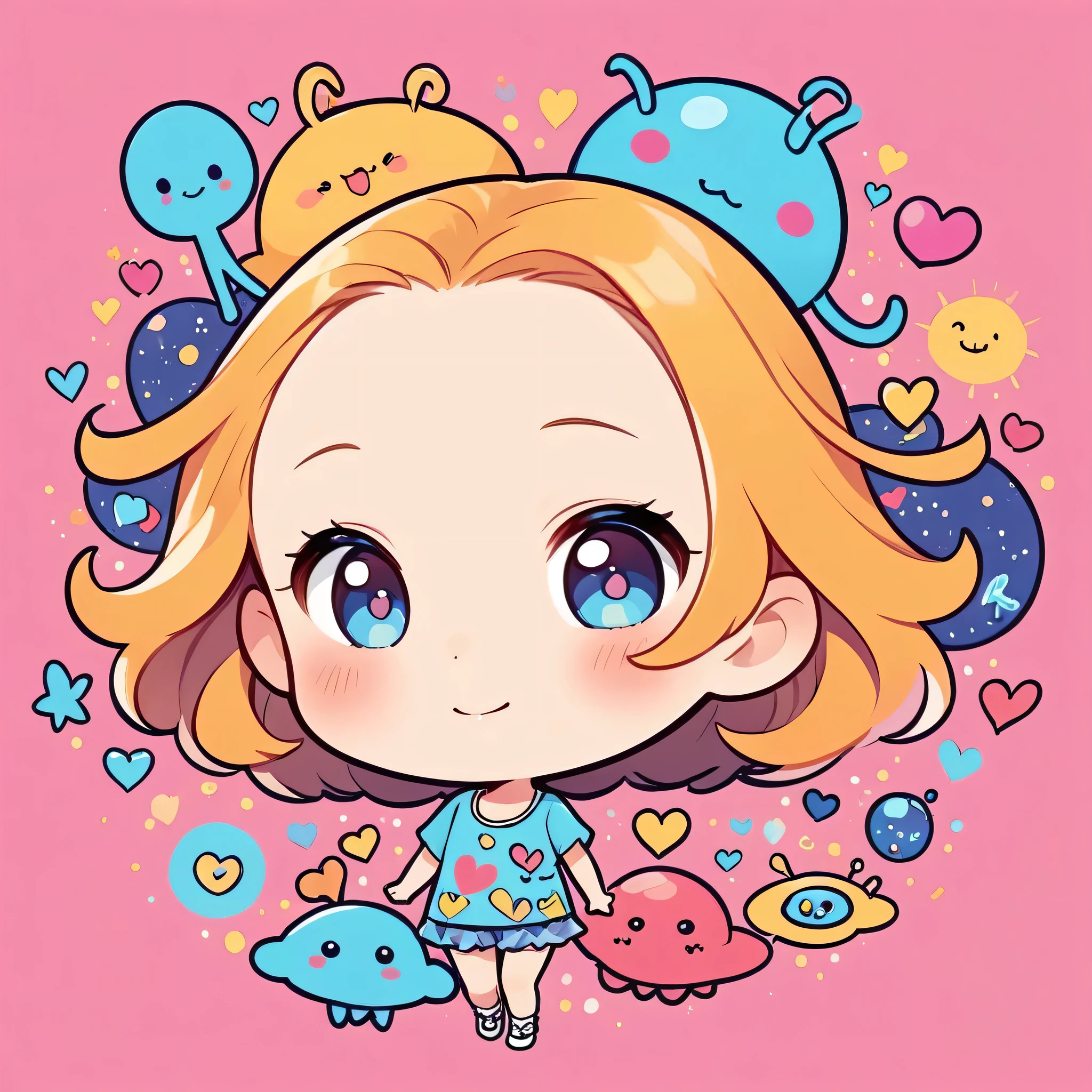 Keith Haring colorfull style, Simple Line Initialism,Abstract art,(((The most beautiful girl of all time))), (((chibi))), Sweet face. colorful hearts, funny design, (((happy ))), Cute summer clothes, (((Cute Aliens))), The background is space