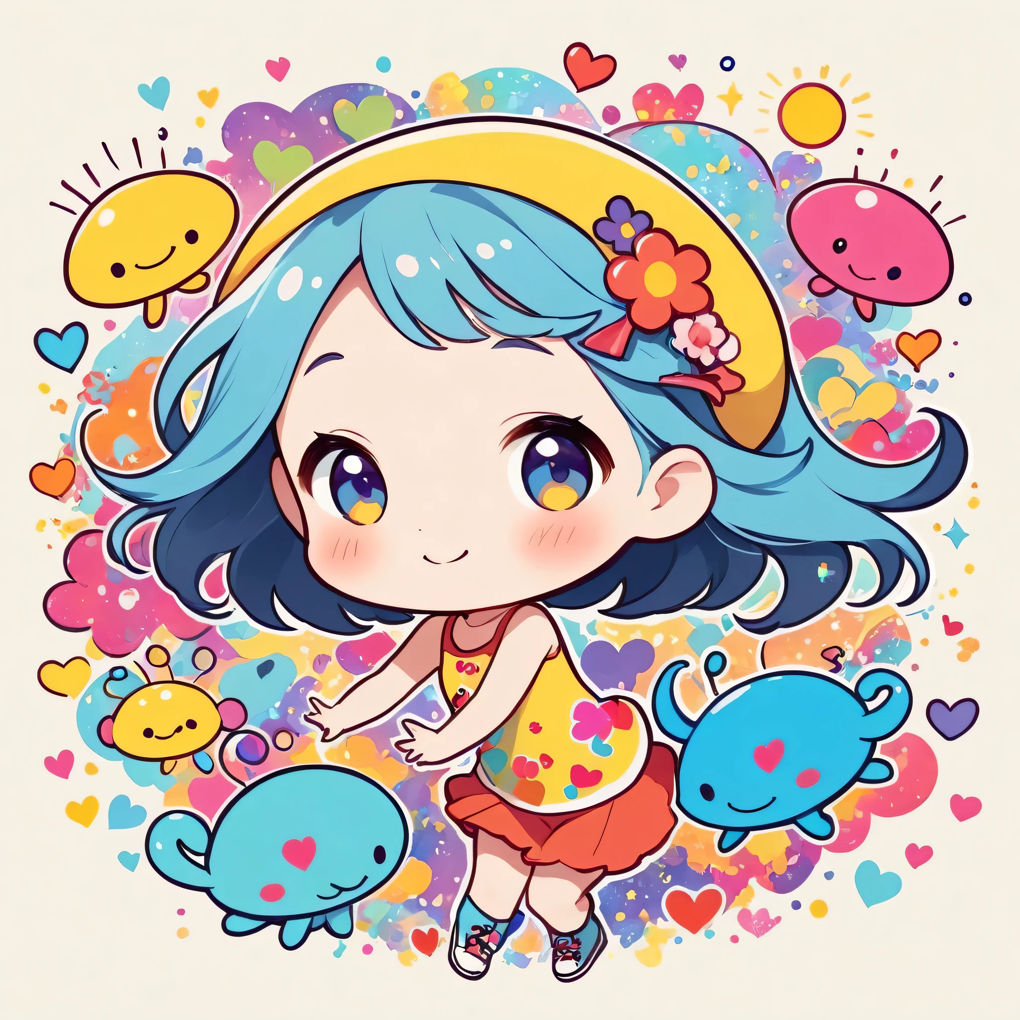 Keith Haring colorfull style, Simple Line Initialism,Abstract art,(((The most beautiful girl of all time))), (((chibi))), Sweet face. colorful hearts, funny design, (((happy ))), Cute summer clothes, (((Cute Aliens))), The background is space