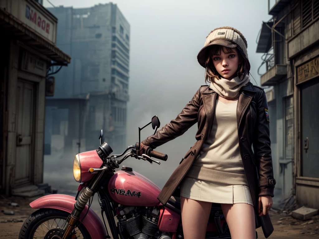 masterpiece, highest quality, (solo focus), (perfect face:1.1), (high detail:1.1), 1girl, brown hair, blue eyes, (pink, cream, and brown clothes), large scarf, ((cream pea coat)), brown short skirt, ((pink cabbie hat)), ((rifle)), ((m14)), detailed background, wasteland, leaning on motorcycle, heavy fog, eerie cityscape, cinematic lighting