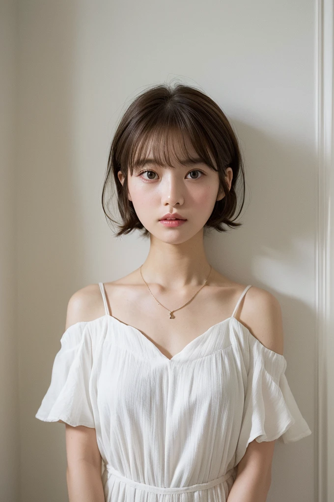 Close-up of a brown-haired woman in a white shirt, Layered Cut、Above the chest - long hair, Medium length hair, Curtain bang, Medium Hair, with short hair, Princess Cut, Shoulder-length hair, 白Princess Cutの髪型, Korean symmetrical face, short～Medium Hair, Shoulder - Length, Neat hairstyle with bangs、White wall、In front of the white door、((窓のあるWhite wallの部屋))、Mr...々stop temporarily、Simple Necklace、Don&#39;Don&#39;Don&#39;Don&#39;t look at the camera