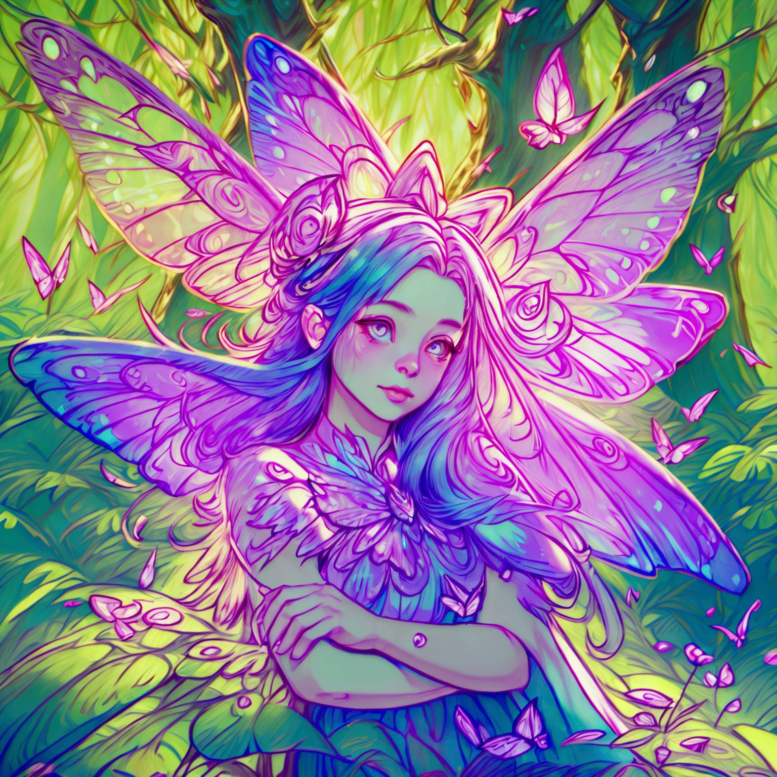 a fairy with multi colored wings of light flying through an enchanted forest,1girl,extremely detailed face and eyes,gorgeous fairy with beautiful flowing hair,colorful and glowing butterfly wings,enchanted forest with glowing mushrooms and flowers,sunlight filtering through the trees,cinematic lighting,vibrant colors,whimsical fantasy art,digital painting,(best quality,4k,8k,highres,masterpiece:1.2),ultra-detailed,(realistic,photorealistic,photo-realistic:1.37)