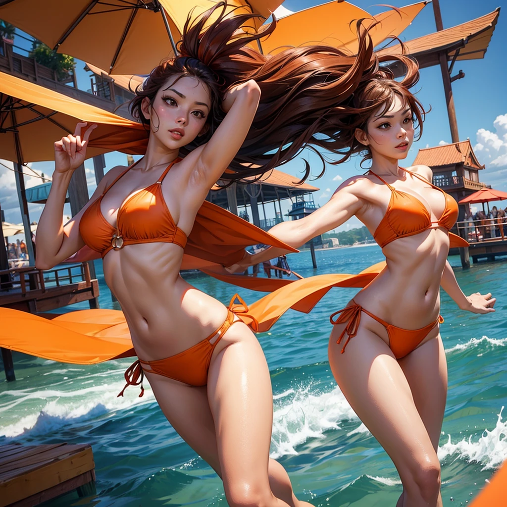 Wearing sexy orange bikini, graceful figure, coquettish, pier front, random enchanting movements, facing the camera, imaginative, first love