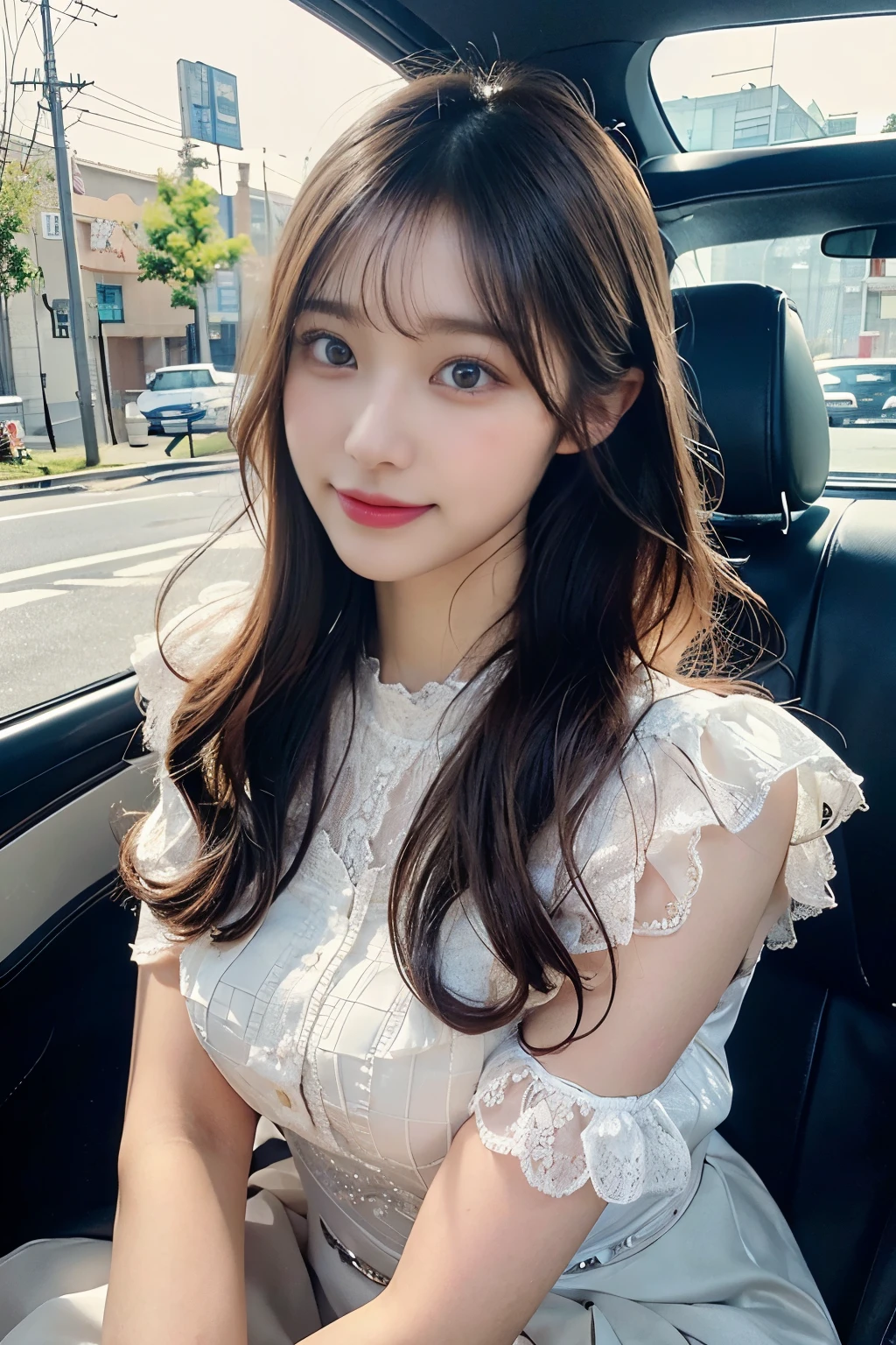 1 beautiful Japanese idol, cute, smile, detailed beautiful skin, lace shirt, frill flared skirt, windy, soft light, sitting old car,(1 beautiful Japanese idol, 20 years old), perfect body, Detailed beautiful delicate face, Detailed beautiful delicate eyes and eye highlights, Very thin and delicate eyelashes that are not too long, (finely detailed beautiful blown big eyes and detailed face), natural makeup, slender face, (lustrous skin, realistic detailed skin), (looking at viewer:1.2),masterpiece, (best quality:1.2), 8k, RAW photo, (Realistic, hyper realistic, photorealistic:1.3), Ultra High Res, intricate details, ultra detailed, High quality texture, distinct image, solo focus, face focus