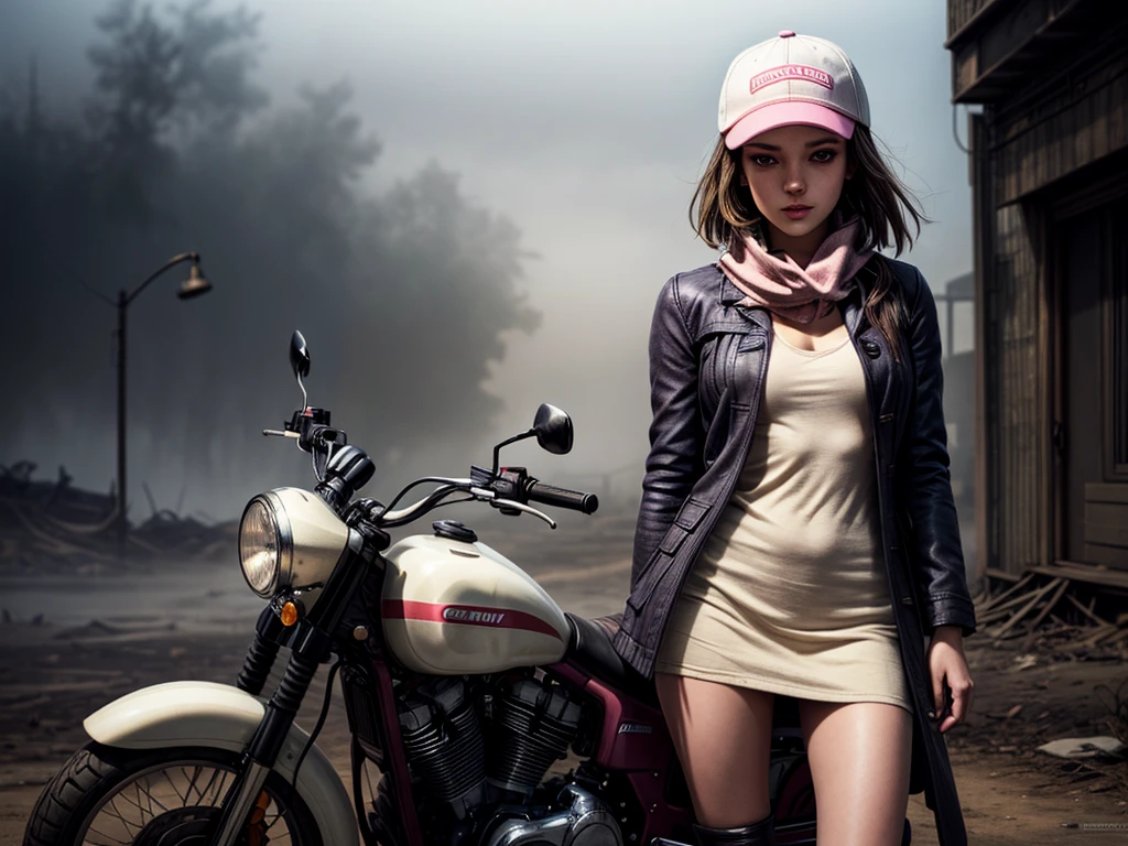 masterpiece, highest quality, (solo focus), (perfect face:1.1), (high detail:1.1), 1girl, brown hair, blue eyes, (pink, cream, and brown clothes), large scarf, ((cream pea coat)), brown short skirt, ((pink trucker hat)), detailed background, wasteland, leaning on motorcycle, heavy fog, eerie cityscape, cinematic lighting
