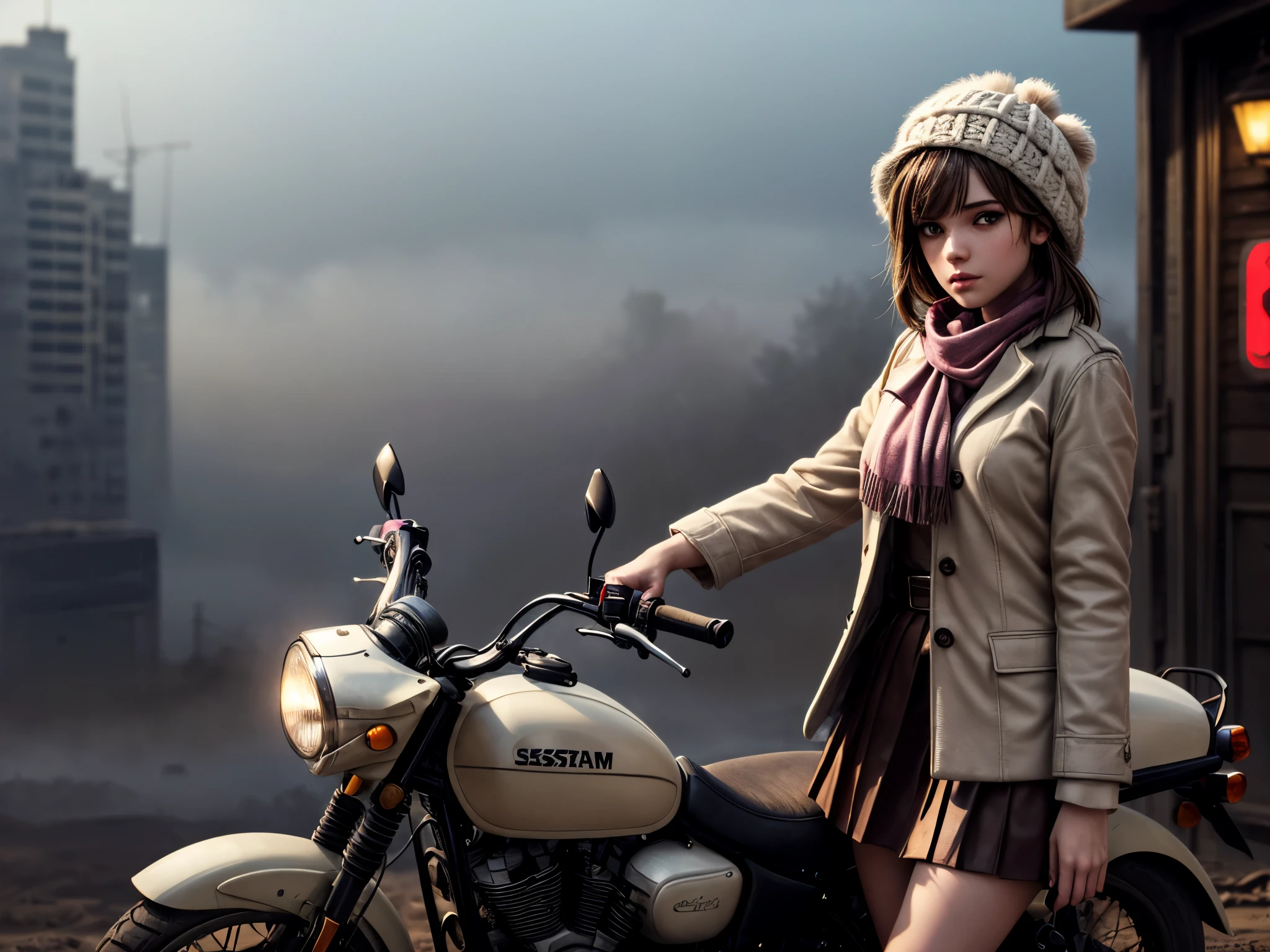 masterpiece, highest quality, (solo focus), (perfect face:1.1), (high detail:1.1), 1girl, brown hair, blue eyes, (pink, cream, and brown clothes), large scarf, ((cream pea coat)), brown short skirt, ((pink cabbie hat)), ((rifle)), ((m14)), detailed background, wasteland, leaning on motorcycle, heavy fog, eerie cityscape, cinematic lighting
