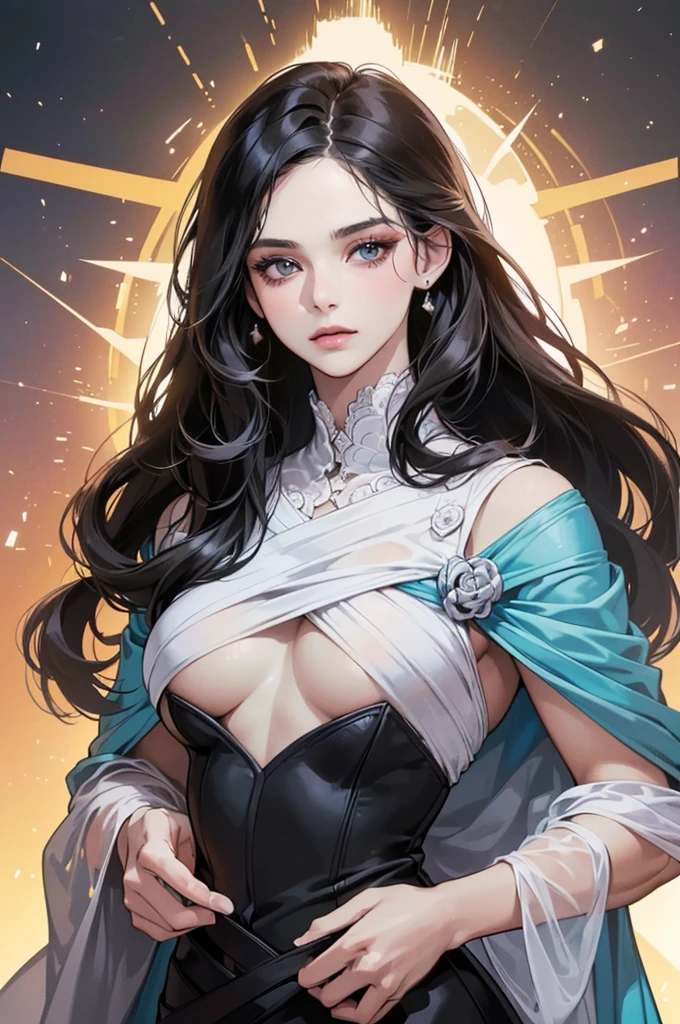 (tabletop, digitl art, digital illustration, 4K, 8k, ultra detali, Beautiful picture, clear image, photorrealistic, CRU photo, face perfect, perfect lines, perfects eyes, soft lighting) 1womanl, (long black hair,flat hair,Bullish look,Bela,elegance,masculine,one piece,Solid makeup,23-year-old woman,smallboobs:1.3),Two handsome men in suits, (ten mens,Men in suit,very muscular,Firm shoulder width,adult man,Boy's hairstyle,English chivalrous style,Man in his 30s with a cool expression,28 year old man with bright smile:1.2),old furniture,Antique Staples,Antique chair,lustres,crystal glass,luxury,fantastic light,Marble fireplace,Wine glasses ,Champagne,(First failure,Heartbroken,Crying face,irritation:1.2),