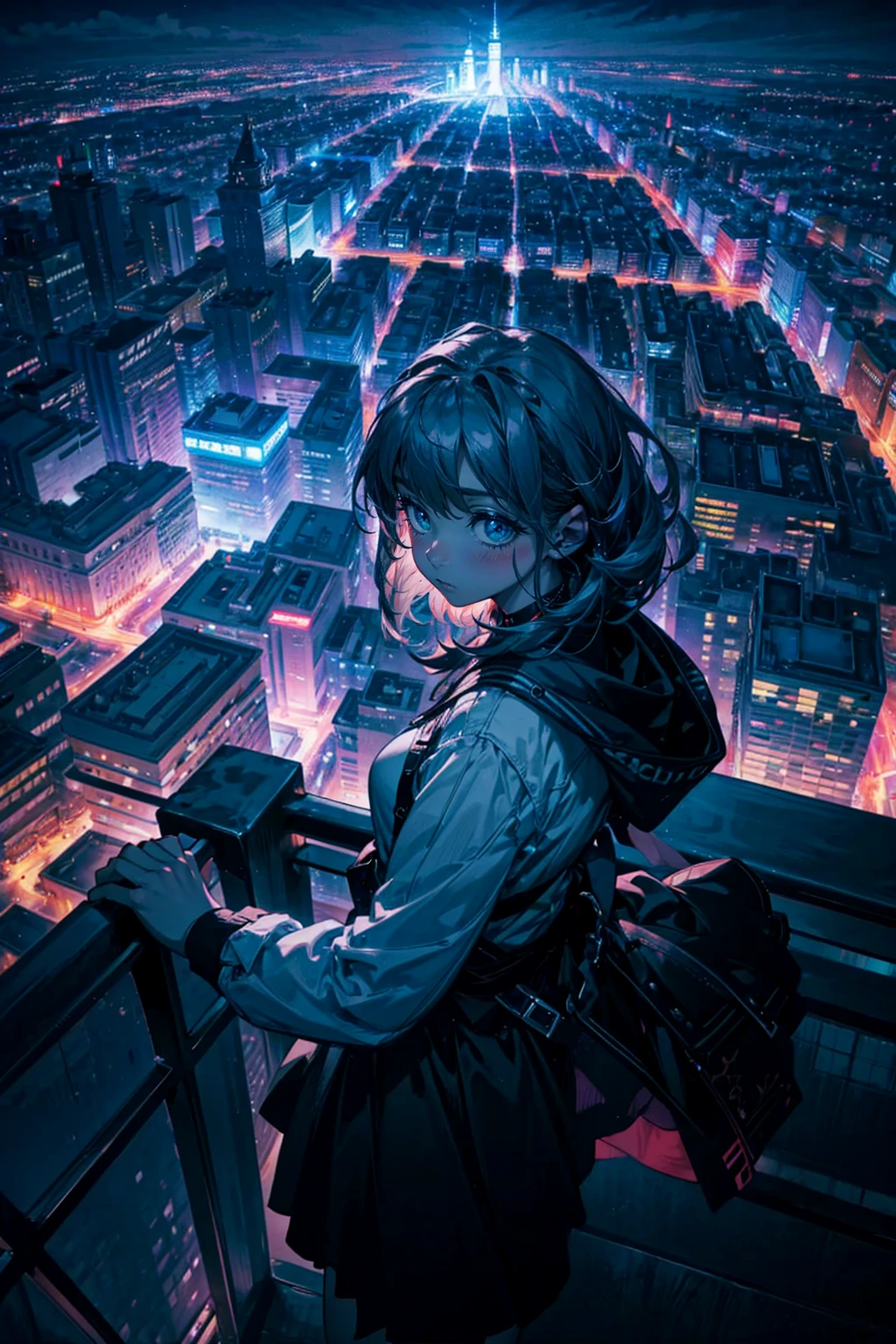 1girl,solo,cool,brilliant eyes,at night,gorgeous view,night view,over lookdown the city,