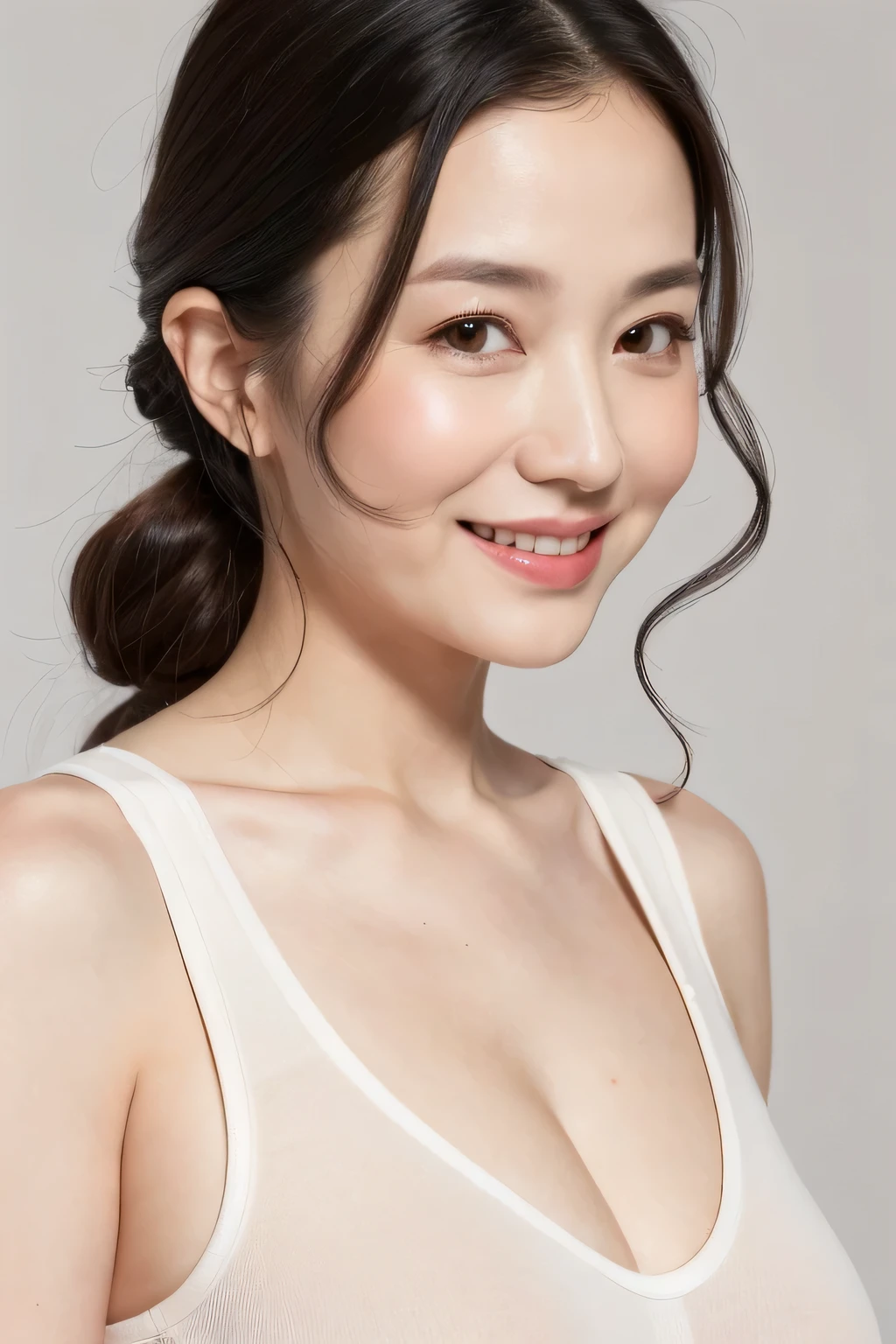 ((Best image quality, 8k, masterpiece:1.3)), A 50-year-old woman, Mature woman with wrinkles on her face:1.3, (Casual Hairstyles, Big Breastsの漏れなし:1.2), Nasolabial folds、Elderly, Low-cut bra,Ultra-fine face, Detailed eyes, double eyelid,smile,Small waist,Big Breasts,close,Chest close-up,White skin,Casual background,whole body