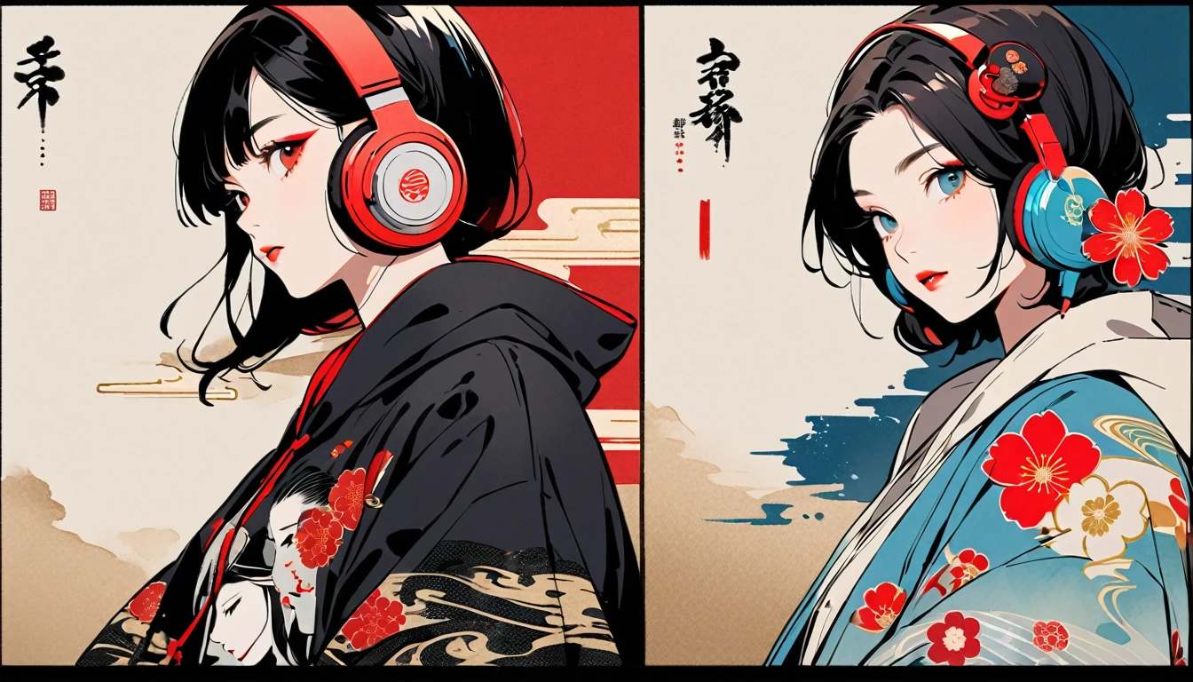 (((Ink Painting))), Fashion portrait color photos, (((1 girl))), (((Flashy makeup))), (((Japanese style headphones))), (((Japanese pattern hoodie))), (((Put on the hood))), Japan人の美少女, Black Hair, Delicate and precise, Modern ukiyo-e style,Japan, Japanese flag, Red and Blue