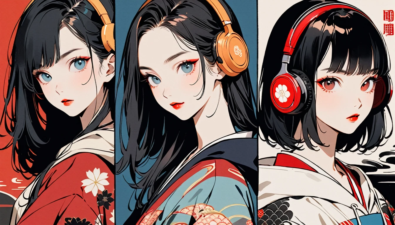 (((Ink Painting))), Fashion portrait color photos, (((1 girl))), (((Flashy makeup))), (((Japanese style headphones))), (((Japanese pattern hoodie))), (((Put on the hood))), Japan人の美少女, Black Hair, Delicate and precise, Modern ukiyo-e style,Japan, Japanese flag, Red and Blue